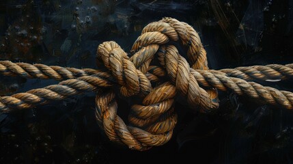 Fototapeta premium A close-up shot of a thick, knotted rope, tied tightly together and sitting on a black, textured background.