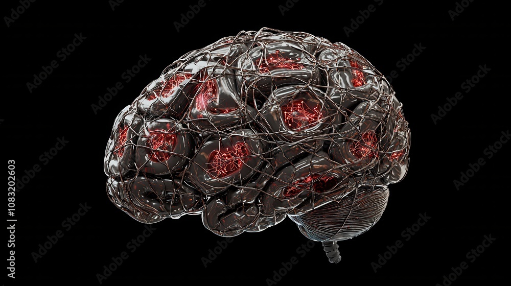 Poster abstract representation of a brain with red energy glow