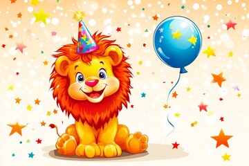 Fototapeta premium Smiling lion cub holding a blue balloon surrounded by stars and confetti creating a cheerful and magical birthday scene