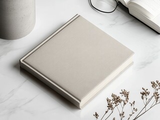 A plain beige hardback book laying flat on a white marble surface.