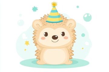 Fototapeta premium Smiling hedgehog in a festive party hat on a pastel blue background with subtle star elements perfect for cheerful animal themed birthday designs