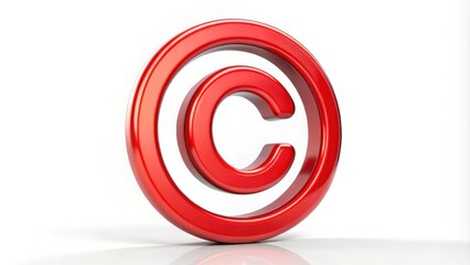 Fototapeta premium A bold and shiny red copyright symbol rendered in 3D with a reflective white background.
