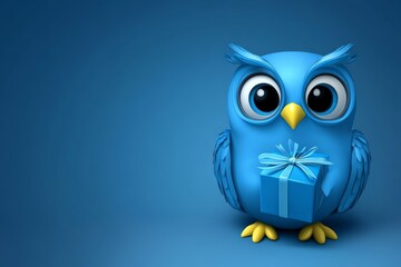 Obraz premium Festive blue owl holding a wrapped gift on a snowy teal background evoking a winter holiday or birthday celebration in a whimsical cartoon style