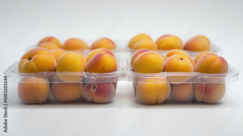 Poster a display of fresh apricots in transparent containers on a white background.