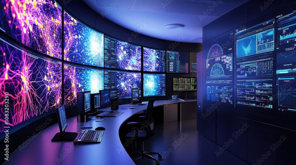 Poster high-tech control room with data visualization displays