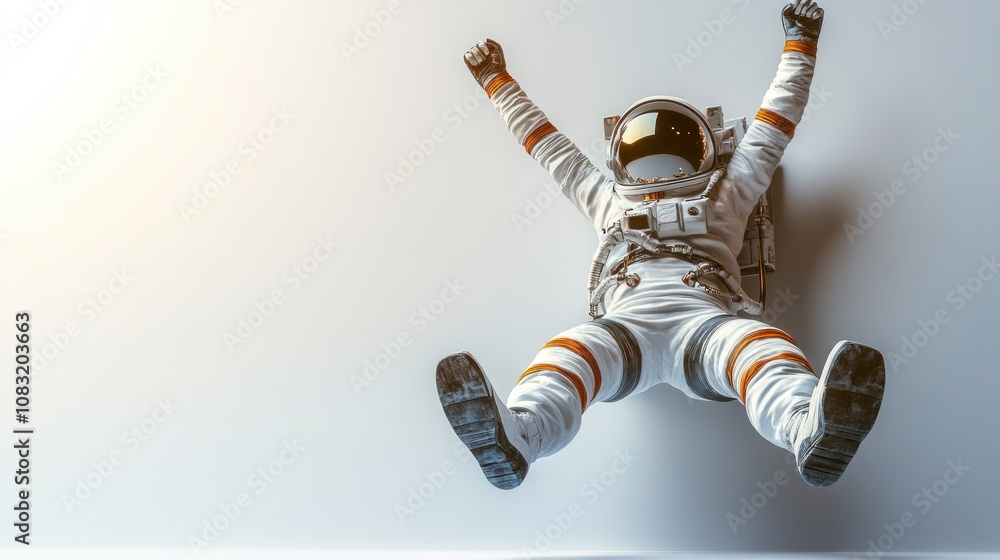 Poster an astronaut appears to be floating or falling against a light background.