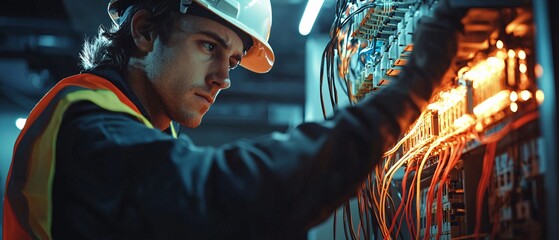 A skilled technician working on electrical wiring in a modern industrial setting, showcasing expertise in technology and safety protocols.