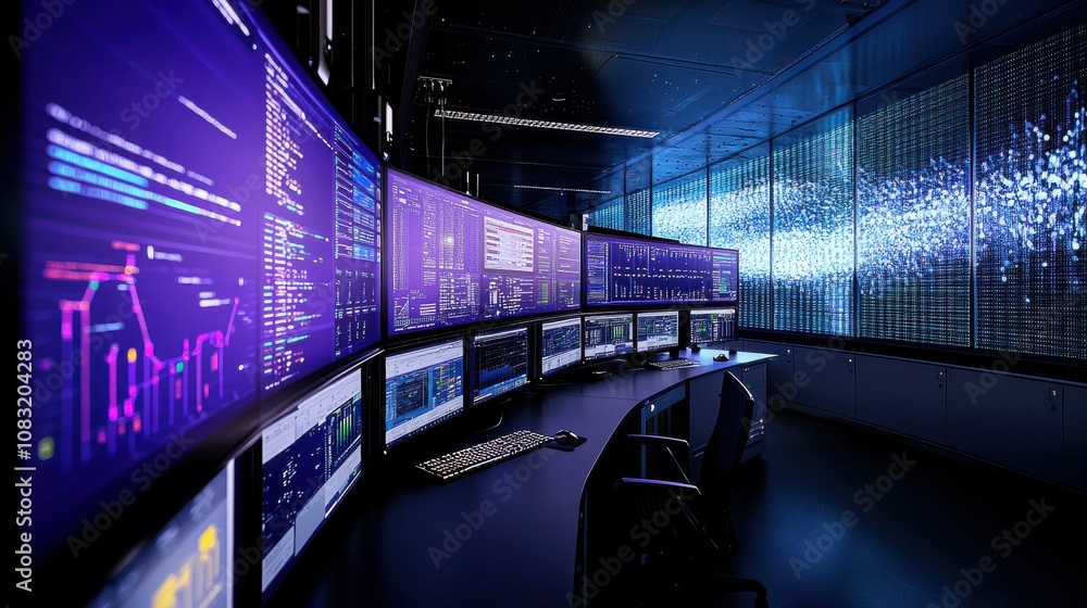Poster modern control room with data visualization screens