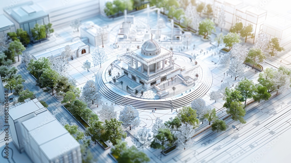 Poster a 3d rendering of a city square with a large building in the center, surrounded by trees and people.