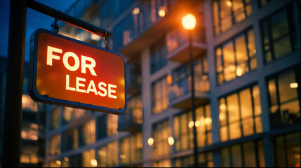Obraz premium For Lease sign in front of modern apartment building at dusk, promoting real estate