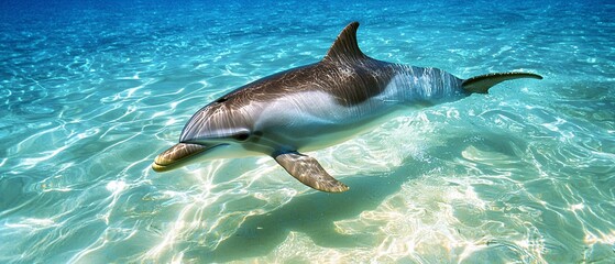 Obraz premium A playful dolphin swims gracefully through crystal clear waters, showcasing its sleek body and joyful nature in a vibrant ocean setting.