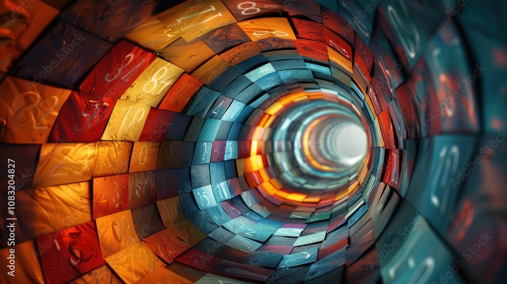 Poster abstract digital tunnel made of colorful blocks with numbers and bright light at the end.
