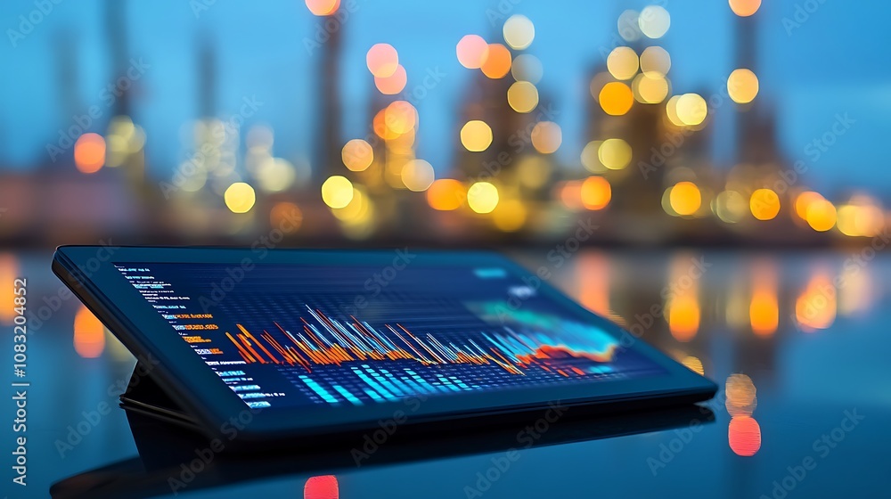 Poster a tablet displaying data analytics with an industrial backdrop blurred in the background.