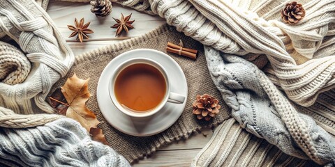 A cup of tea nestled amongst cozy knitted fabrics, autumn leaves, and cinnamon sticks, creating a warm and inviting atmosphere.