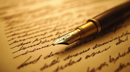 Fototapeta premium A gold fountain pen rests on a page of handwritten script.