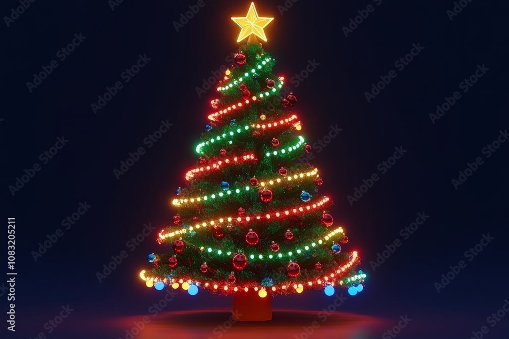 Poster vibrant christmas tree with colorful string lights in a dark background symbolizing festive joy and 