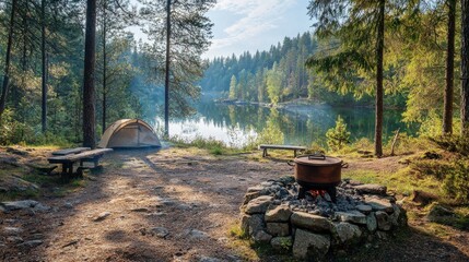 Serene Lakeside Campsite with Tent and Fire Pit