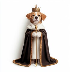 Regal dog in royal attire with a crown and staff, white isolated background.