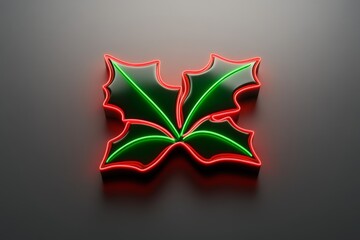 Fototapeta premium Neon holly leaf design glowing with red and green edges on a dark background blending holiday charm with modern festive aesthetics