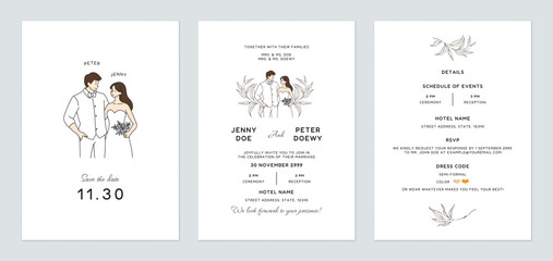 Wedding invitation template set feature simple line drawings of the wedding couple along with subtle floral in shades of green