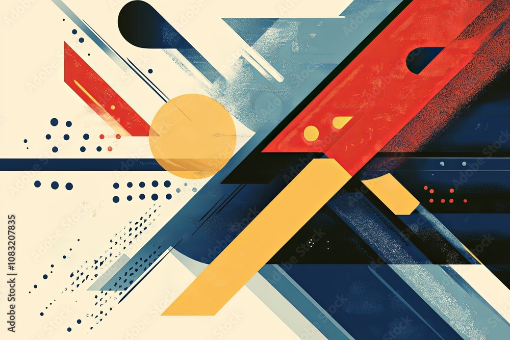 Poster abstract geometric patterns with vibrant colors and shapes creating dynamic visual movement. generat