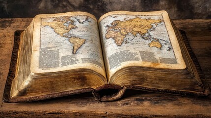 Obraz premium Open Bible with world map pages, showing the integration of scripture and global geography, blending spirituality with exploration
