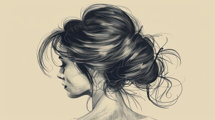 Fototapeta premium A sketch of a woman's face in profile, with her hair pulled back in a messy bun.