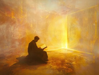 Spiritual Bible scene, pages glowing with soft light, surrounded by ethereal holographic halos, radiating tranquility and peace