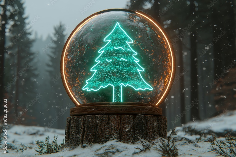 Aufkleber rustic snow globe with neon green tree inside perched on a wooden base surrounded by a snowy forest 
