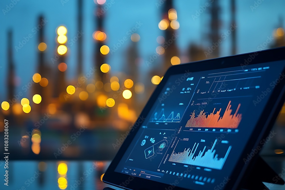 Aufkleber a tablet displaying data analytics against an industrial backdrop.