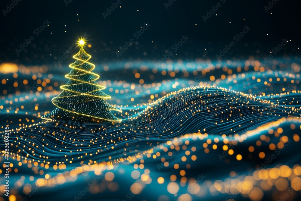 Poster minimalist golden christmas tree glowing softly against a dark background formed by a series of abst