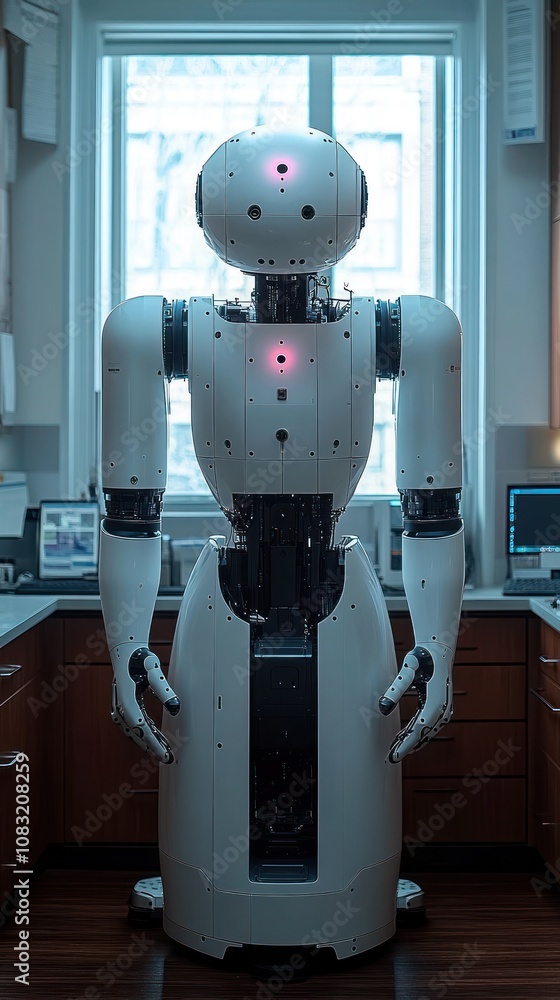 Poster a humanoid robot stands in a modern workspace by a window.