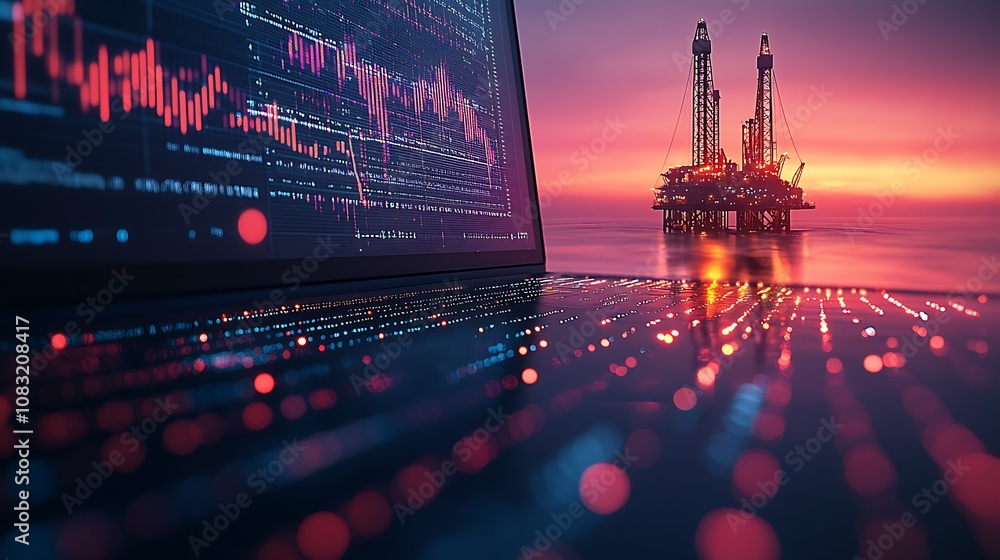 Poster a laptop displaying data analytics in the foreground with oil rigs at sunset in the background.