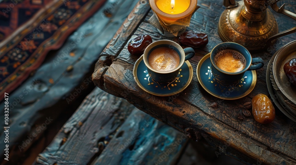 Poster two cups of coffee with dates on a rustic wooden table with a lit candle.