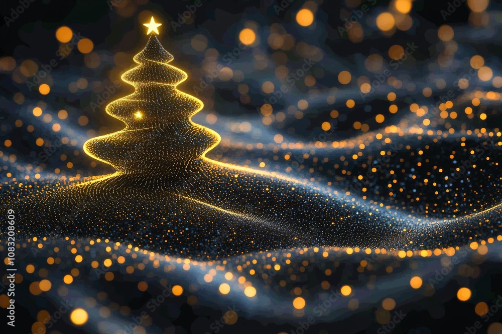 Poster sparkling golden christmas tree outline glowing on a textured field of festive lights creating an ab