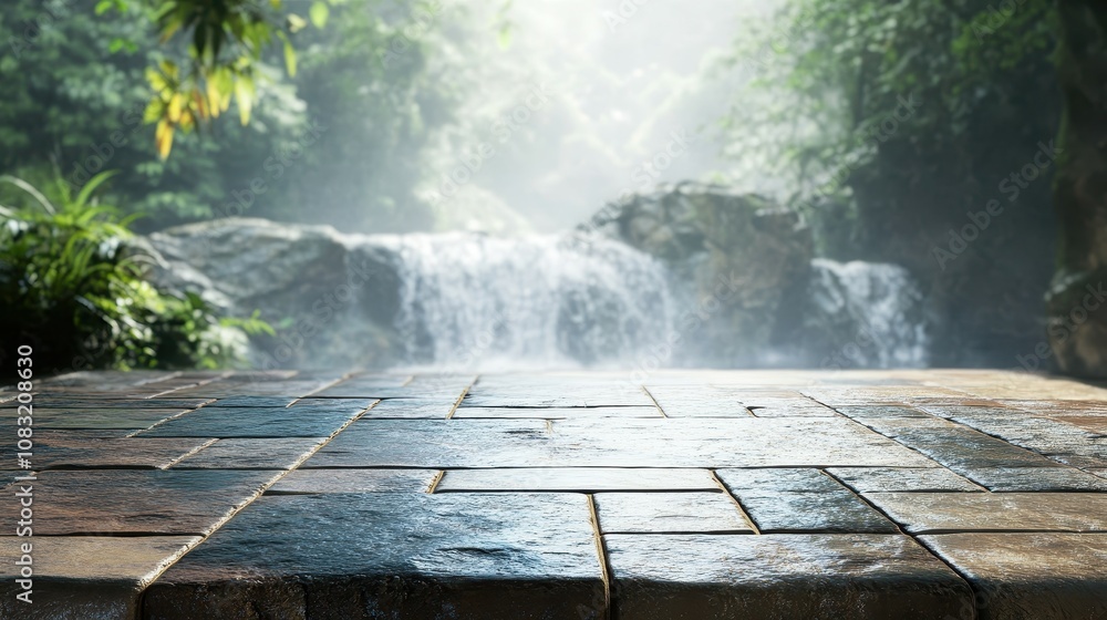 Poster captivating view of an empty tiled table overlooking a rushing mountain river bokeh