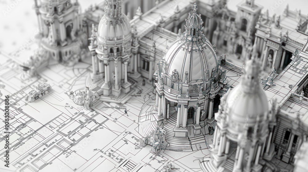 Poster a 3d model of a grand building with multiple domes sits atop a blueprint, showcasing architectural d