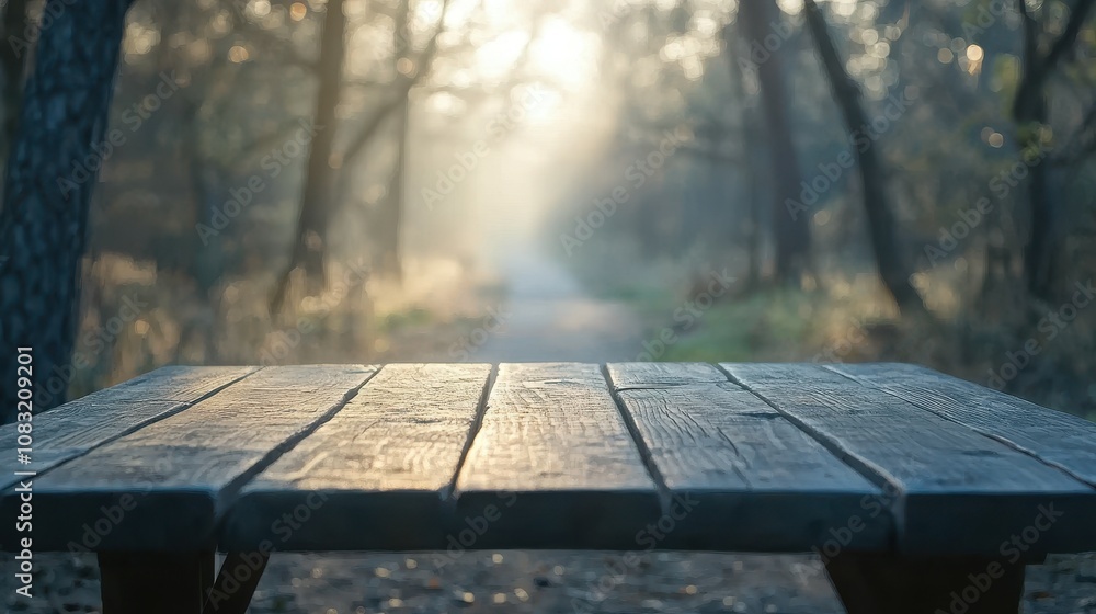 Poster inviting empty wooden table forest pathway bokeh background nature scene close-up perspective for tr
