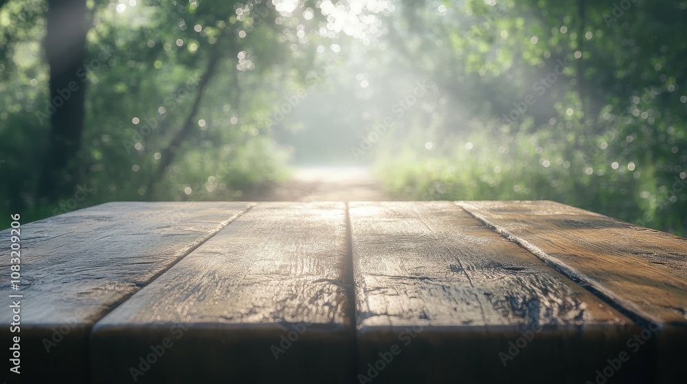 Aufkleber captivating forest pathway in bokeh empty wooden table nature scene tranquil environment close-up pe