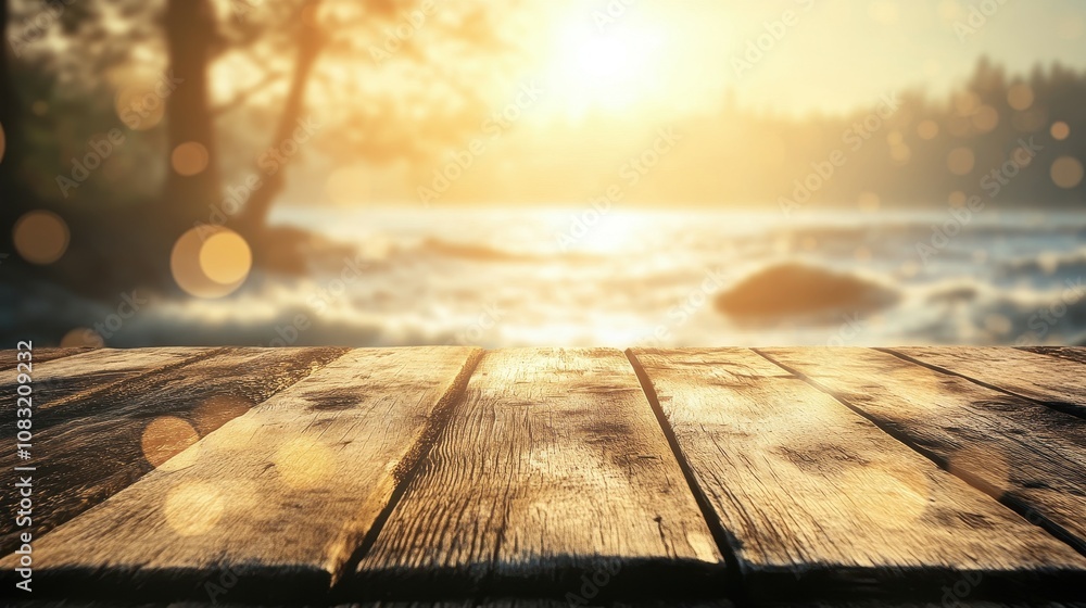 Poster relaxing beach sunset scene with empty rustic wooden table nature bokeh background perspective for t