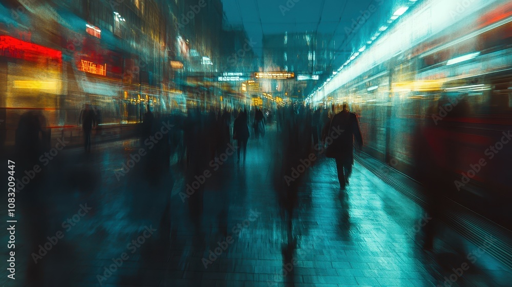 Poster dynamic movement of commuters at a busy railway station platform in the evening