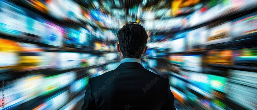 Poster dynamic workspace busy professional engaged with multiple screens modern office blurred motion busin