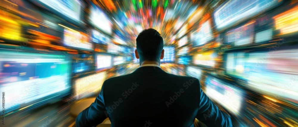 Poster dynamic professional engaged with multiple screens in a fast-paced office environment