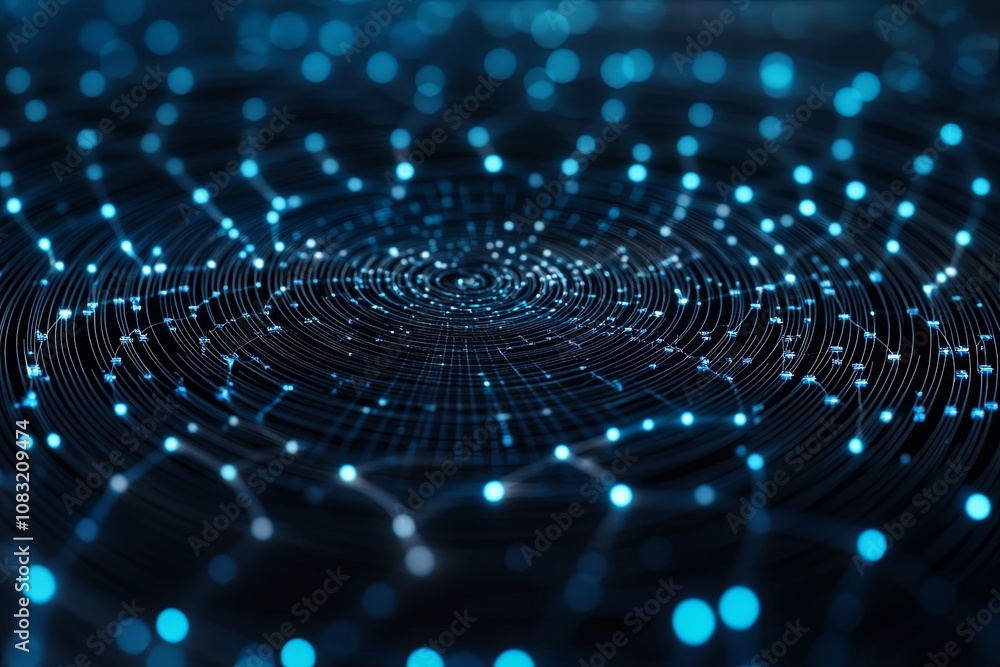 Poster Visual depiction of interconnected digital nodes creating a mesmerizing spiral pattern, showcasing depth and movement in technology. Generative AI