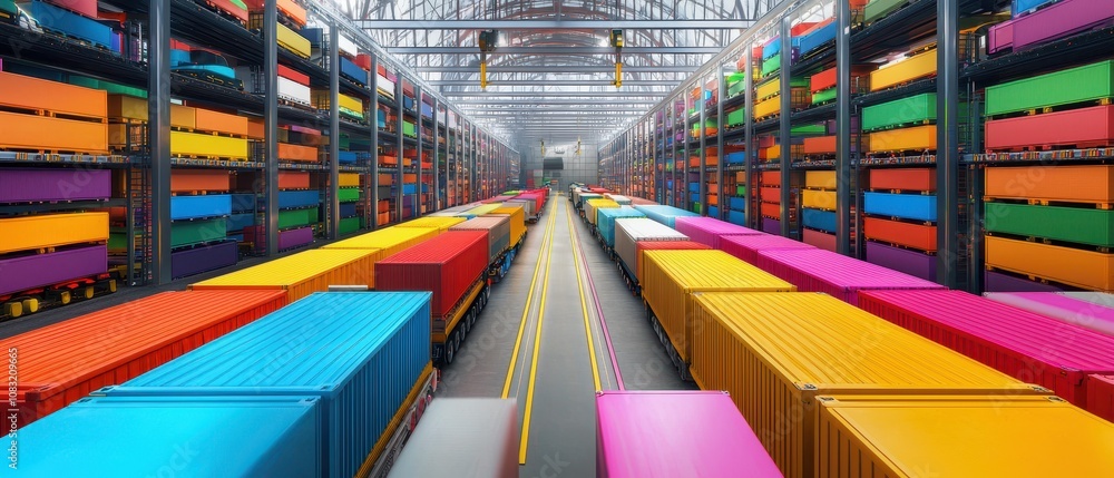 Poster optimizing delivery efficiency a central logistics hub with color-coded vehicles in an urban setting