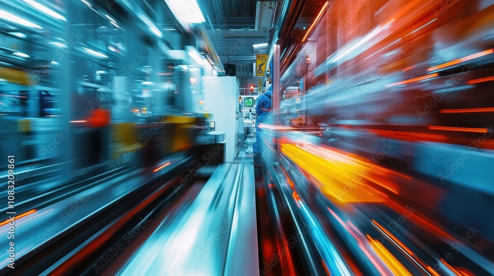 Poster engineers inspecting machines in high-speed manufacturing facility industrial environment dynamic pe