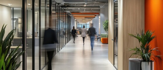 Employees in motion blur walking through modern office hallway contemporary workspace dynamic environment perspective