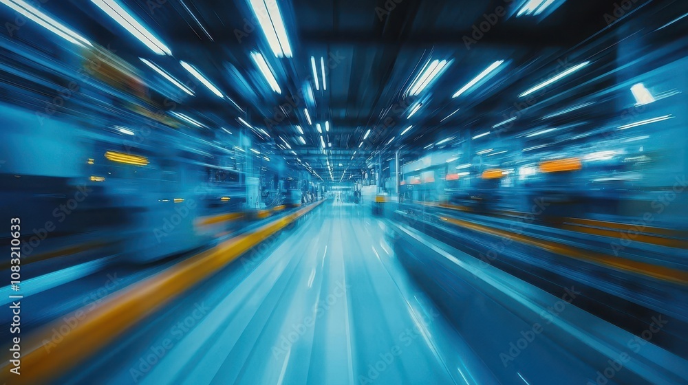 Poster fast-moving robots operating on a factory floor industrial environment high-speed perspective