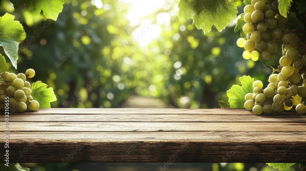 Aufkleber serene vineyard table setting vineyard bokeh background wooden table natural lighting empty space fo