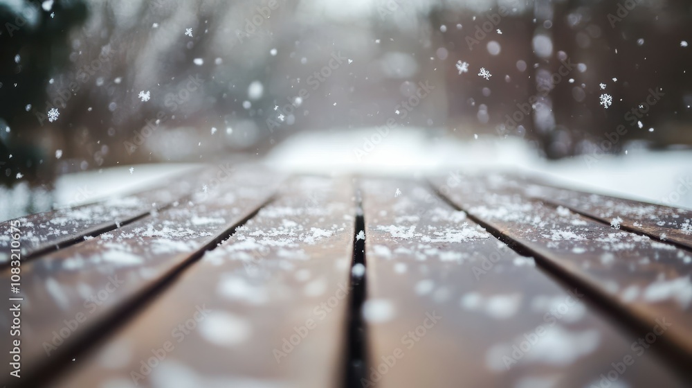 Aufkleber snowfall on empty wooden table in winter landscape bokeh effect with soft focus